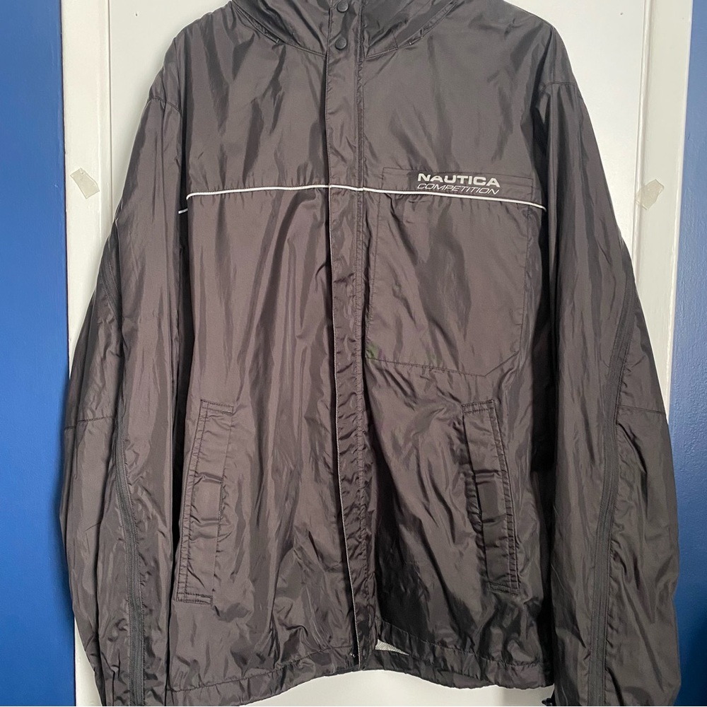 Men’s Y2K Nautica Competition Windbreaker w/ Packable Hood, Black & Gray, XXL